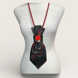 Elegant Red and Black necktie Necklace with Rose Accent